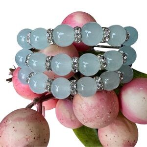 Triple Strand Aqua Bead Bracelet with Rhinestone Spacers and Silver-Tone Accents